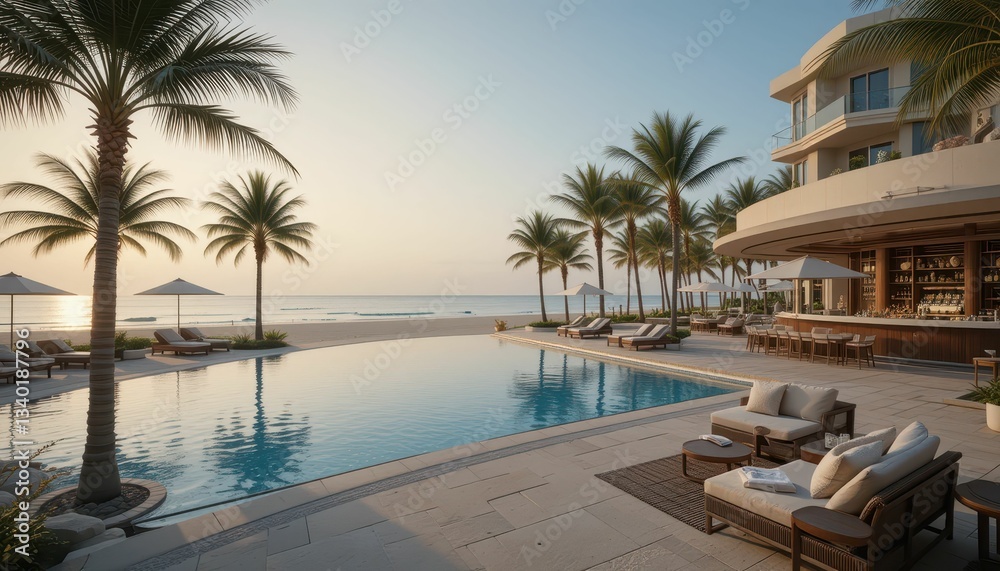 Fototapeta premium Serene Poolside Oasis at Beachfront Resort with Palm Trees