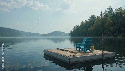 Tranquil Lake Scene Featuring Adirondack Chair on Wooden Dock