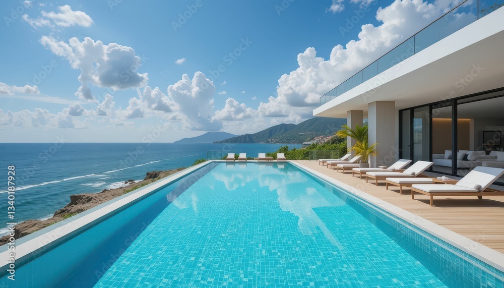 Fototapeta premium Stunning Modern Villa with Infinity Pool Overlooking Ocean View