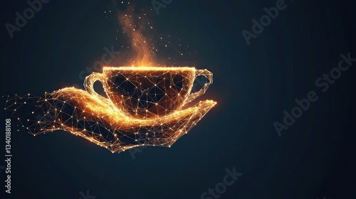 Abstract hand holding steaming coffee cup, polygonal style