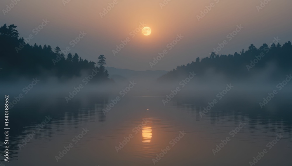 Fototapeta premium Tranquil Misty Sunrise Over Calm Water in Mountain Landscape