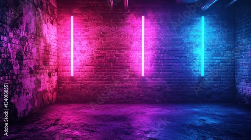 Grunge interior with pink and purple neon lights, showcasing a raw brick wall with vibrant blue and purple neon rays highlighting a futuristic, abstract vibe.