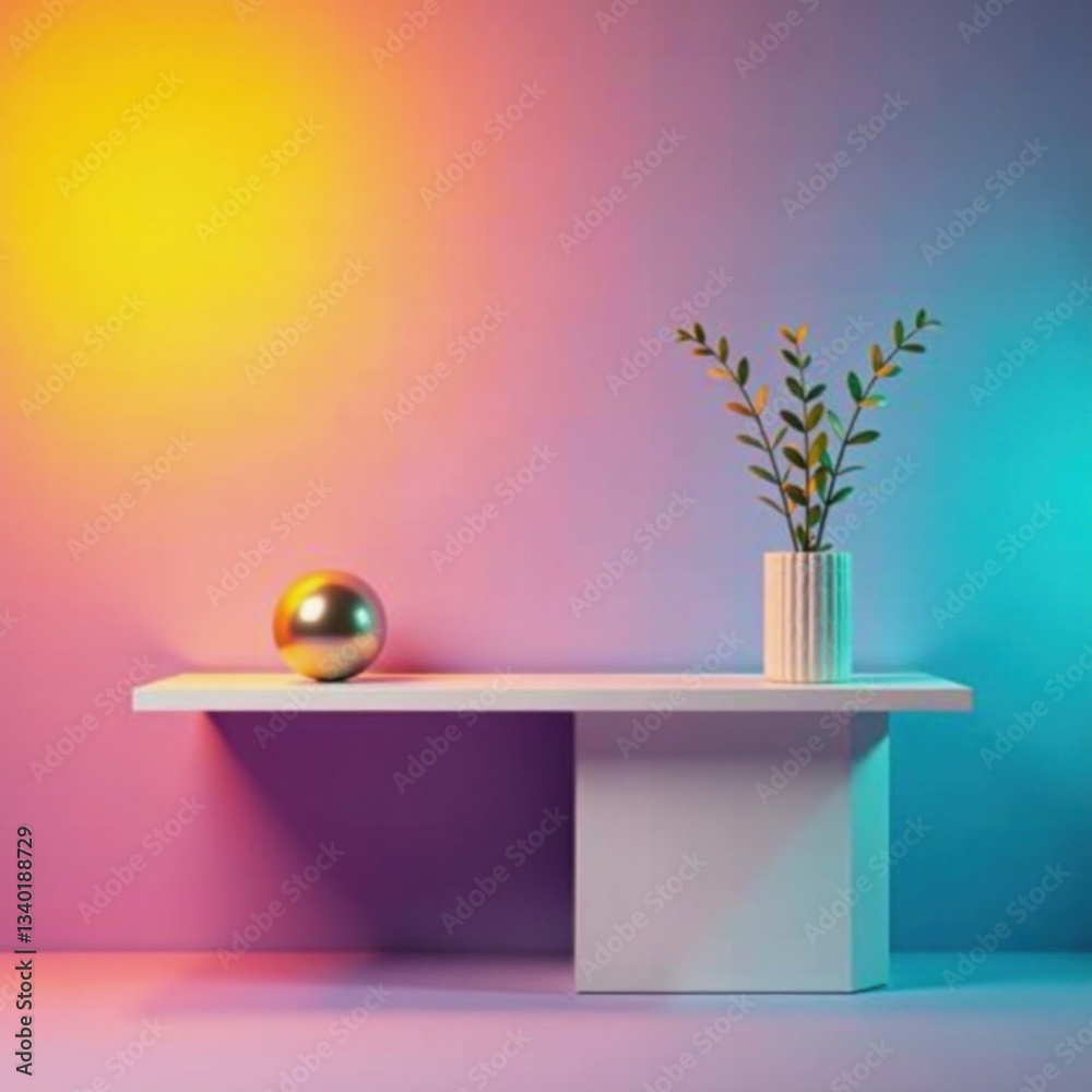 Ombre background with a metallic sphere and a geometric console table , design, gradient
