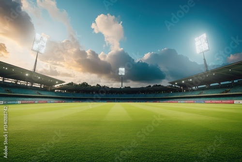 High-definition panoramic photo of cricket stadium with daylight and stadium lights, perfect for sports ads.