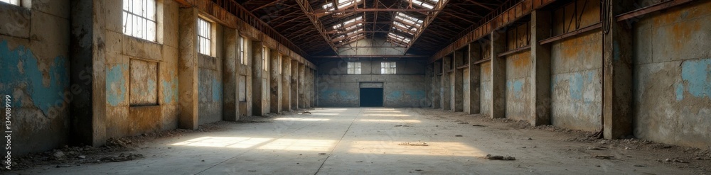 Old abandoned warehouse with crumbling concrete walls and rusty metal beams, textured black grunge background, neglected architecture Old abandoned warehouse with crumbling concrete walls and rusty metal beams, textured black grunge background, neglected architecture