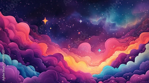 Holographic fantasy rainbow background with clouds and stars, creating a whimsical, dreamy atmosphere.