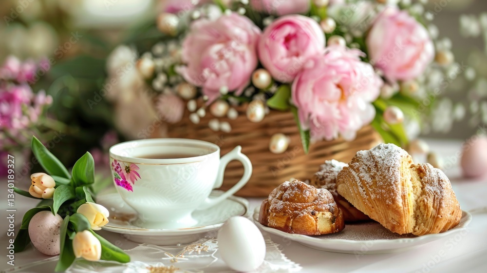 A warm and inviting Easter Sunday coffee table with a teacup, pastries, and a fresh bouquet A warm and inviting Easter Sunday coffee table with a teacup, pastries, and a fresh bouquet