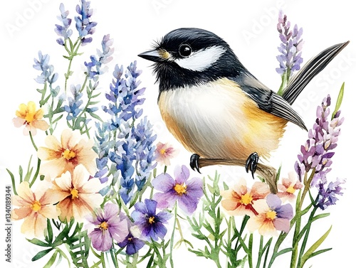 Watercolor Bird   Flowers  Black capped Chickadee  Lavender  Spring Blossoms