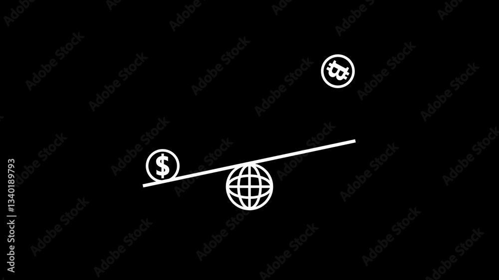 Globe icon with dollar and bit coin bouncing animation.bit-coin dollar jumping on dark Screen background.Bit coin Coin with dollar bouncing and spinning animation.