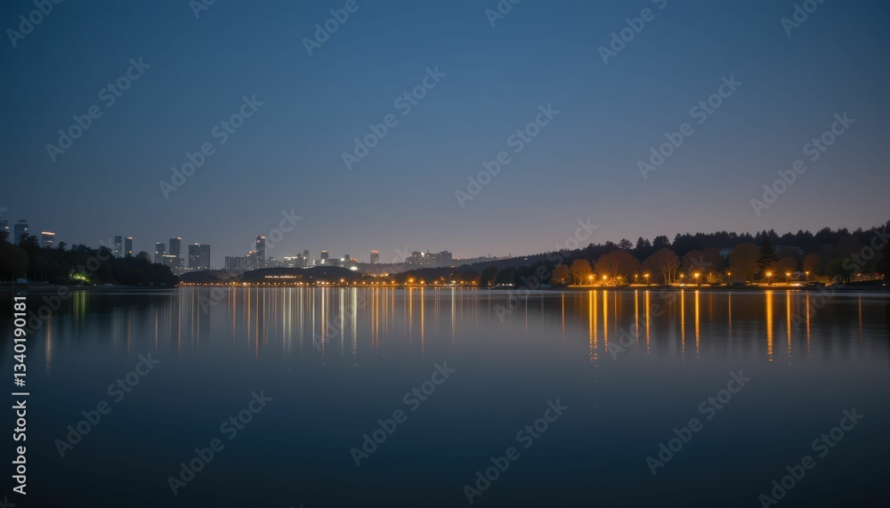 Serene City Skyline Reflected in Calm Night Lake Waters Serene City Skyline Reflected in Calm Night Lake Waters