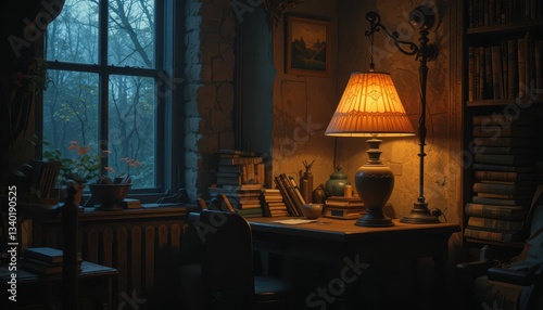 Cozy reading nook with lamp, books, and natural light in vintage room