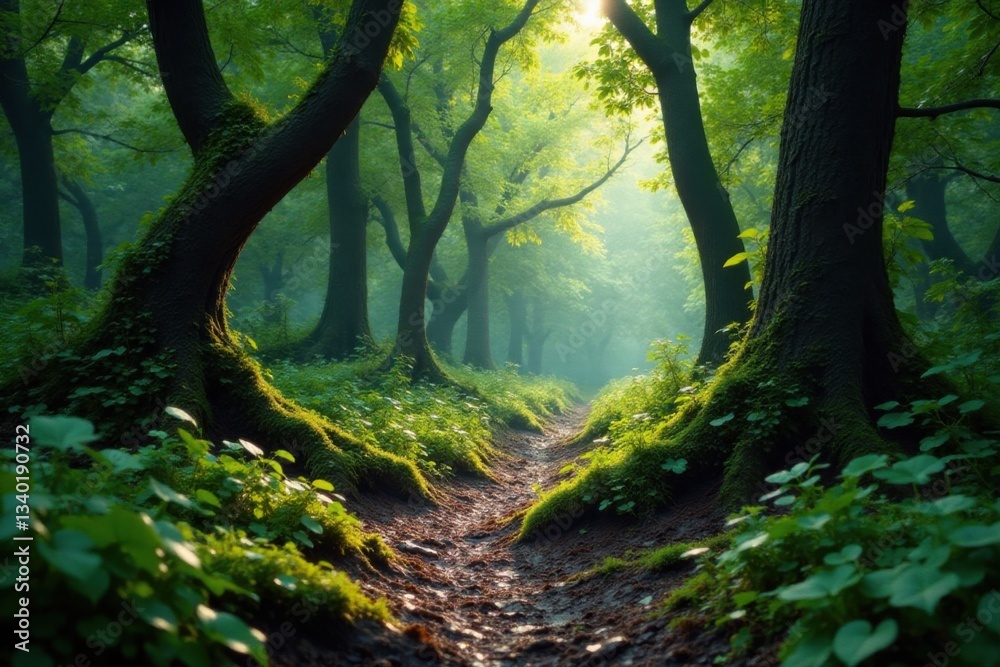 Muddy forest with overgrown foliage and twisted tree trunks, ferns, earthy tones Muddy forest with overgrown foliage and twisted tree trunks, ferns, earthy tones