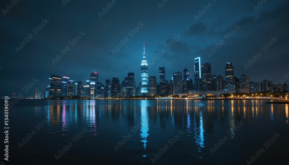 Fototapeta premium Stunning Night View of Modern City Skyline Reflected on Water