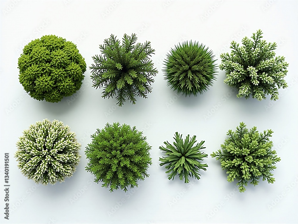 Fototapeta premium Aerial View of Eight Diverse Green Shrubs and Bushes on White Background
