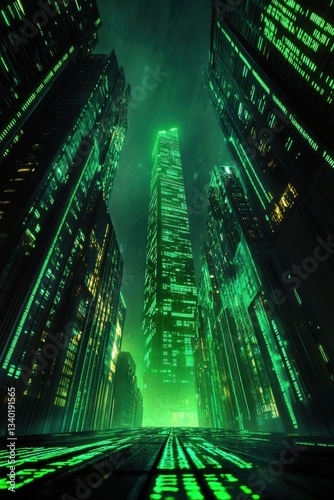 Neon Green Cityscape at Night: Futuristic Urban Scenery