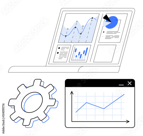 Laptop displays analytics charts, graphs, and pie chart interface alongside gear and dashboard. Ideal for analytics, performance monitoring, technology, business strategy, efficiency, planning flat