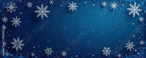 Minimalist design featuring a dark blue winter background with intricate hand-drawn snowflake patterns, frosty, frost