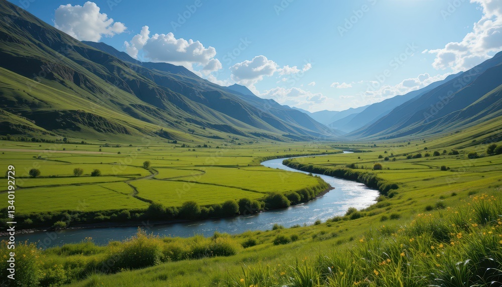 Naklejka premium Serene Mountain Valley Landscape with River and Lush Greenery