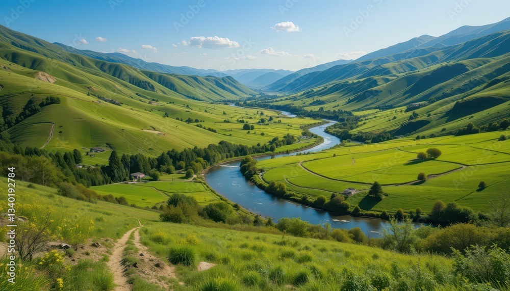 Fototapeta premium Serene River Valley Surrounded by Lush Green Hills and Blue Sky