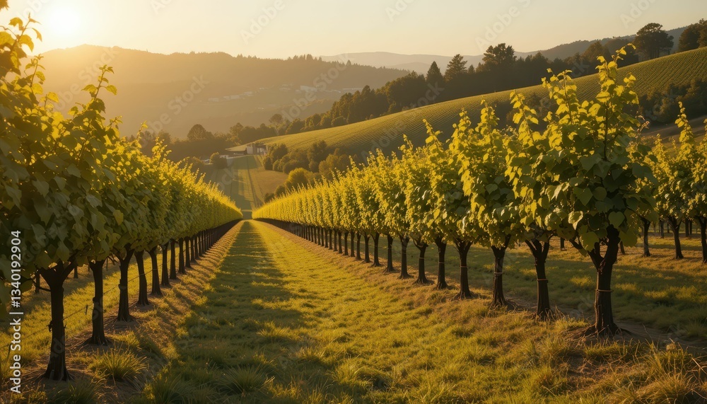 Fototapeta premium Scenic Vineyard Landscape at Sunrise with Gentle Rolling Hills