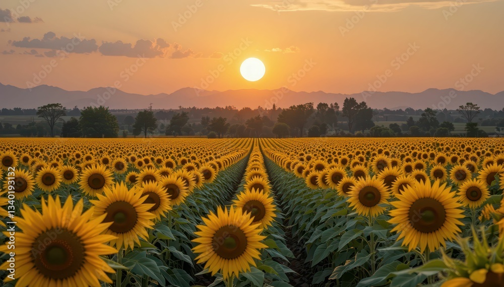 Fototapeta premium Vibrant Sunflower Field Under Golden Sunset with Mountain Background
