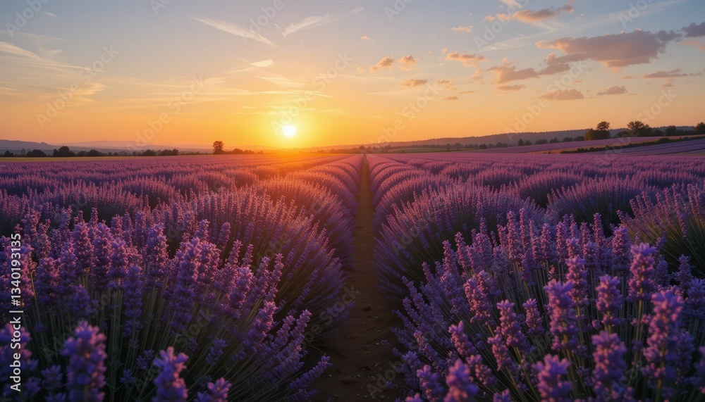 Fototapeta premium Stunning Lavender Field at Sunset with Vibrant Purple Flowers