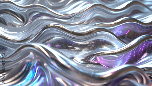  Modern design. abstract 3d wave background, Silver holographic foil. Abstract chrome waves background. Hologram texture. Premium quality.