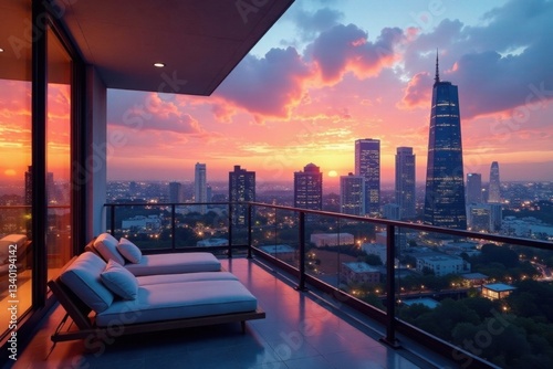 Wallpaper Mural Luxurious penthouse balcony with city skyline at sunset, sunset city view, cityscape Torontodigital.ca