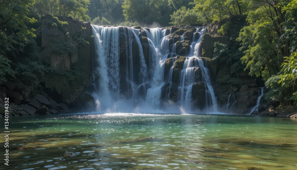 Fototapeta premium Serene Waterfall Cascading into Crystal Clear Pool Surrounded by Trees
