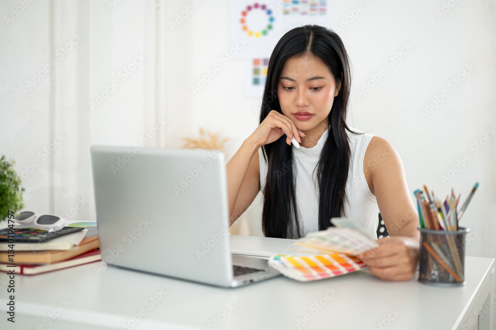 An asian woman is looking thoughtfully at the color charts or color palettes on her work desk. An asian woman is looking thoughtfully at the color charts or color palettes on her work desk.