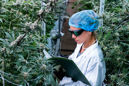 In a cannabis greenhouse, a technician meticulously logs measurements and data.