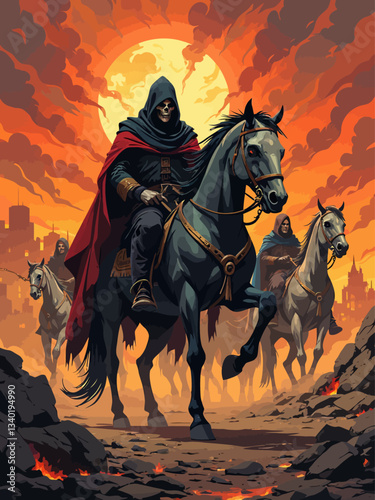 4 horseman of the apocalypse, with death being the closest horseman, ultra realistic skull horse