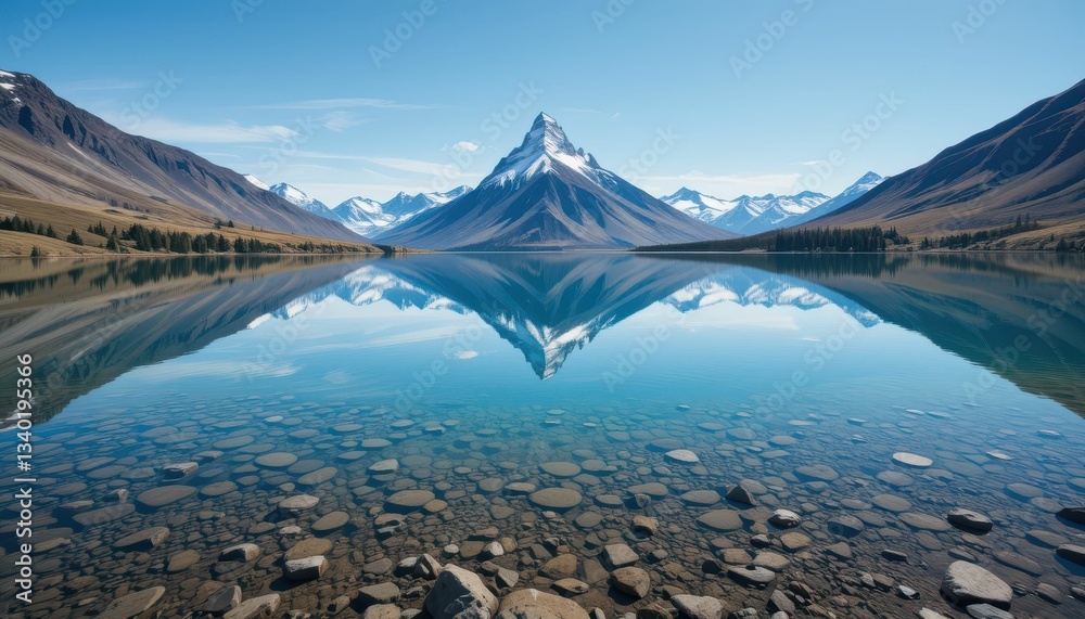 Naklejka premium Serene Mountain Landscape with Lake Reflection and Clear Blue Sky