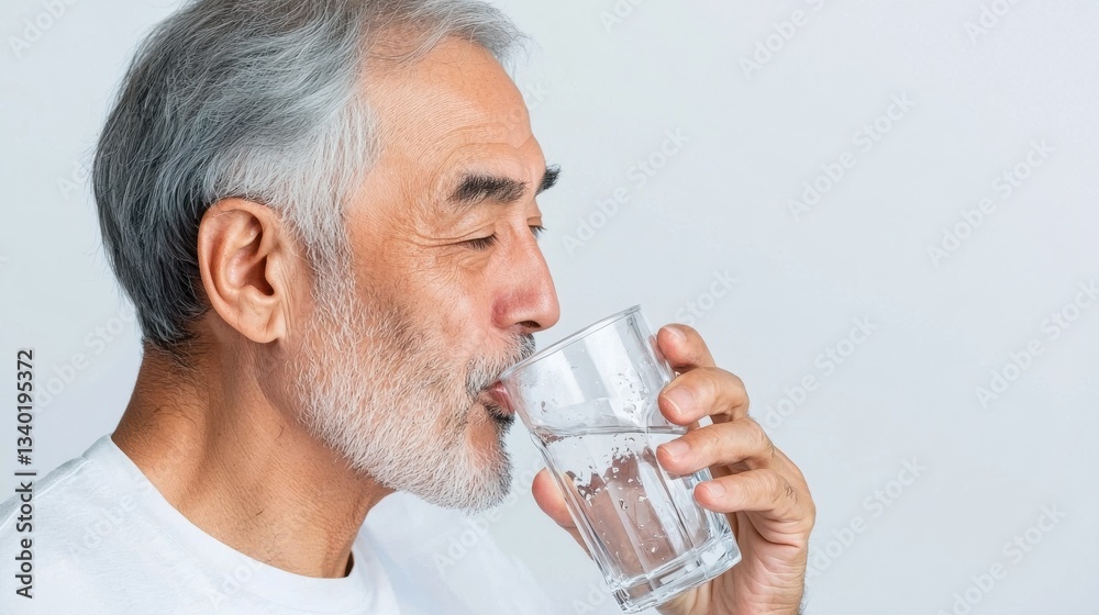 Older man with gray hair and beard drinking water from a clear glass Older man with gray hair and beard drinking water from a clear glass