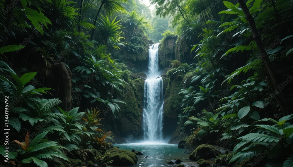 Fototapeta premium Serene Waterfall Surrounded by Lush Tropical Greenery and Plants