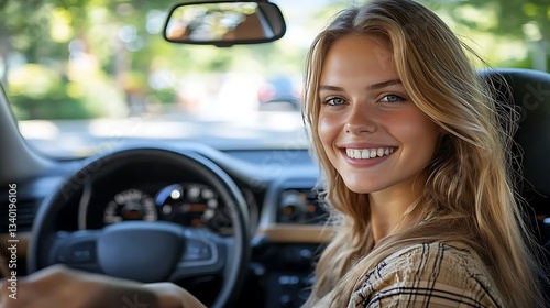Happy woman smiling in her car.