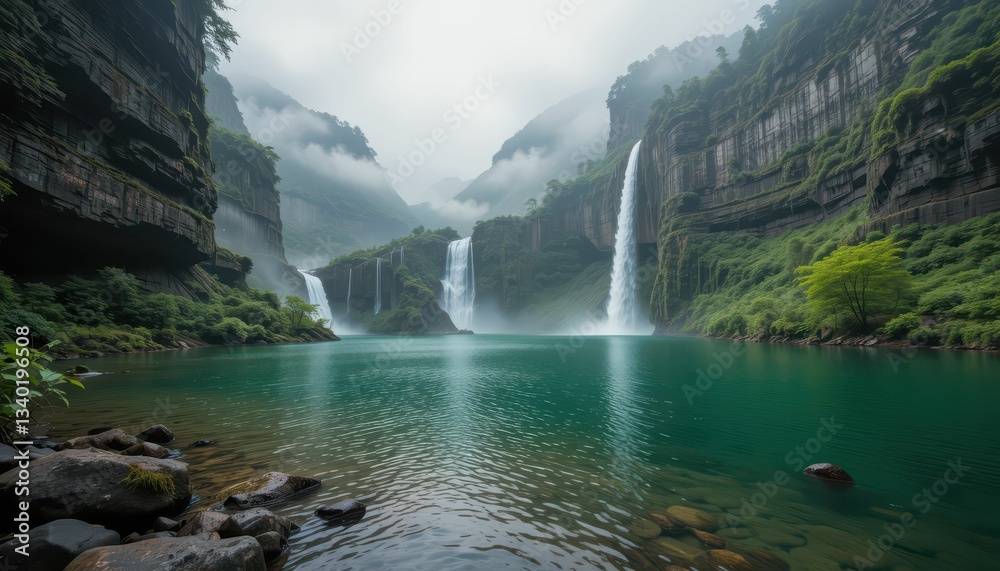 Fototapeta premium Majestic Waterfalls in a Lush Green Valley Surrounded by Mist