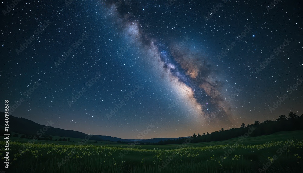 Fototapeta premium Night Sky with Milky Way Over Flowering Meadow in Serene Landscape
