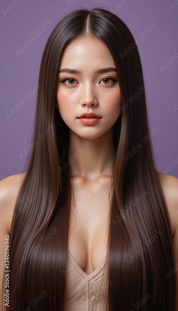 A young Asian woman with long straight dark brown hair and flawless skin poses against a muted purple background in a studio portrait showcasing healthy hair and makeup. A young Asian woman with long straight dark brown hair and flawless skin poses against a muted purple background in a studio portrait showcasing healthy hair and makeup.