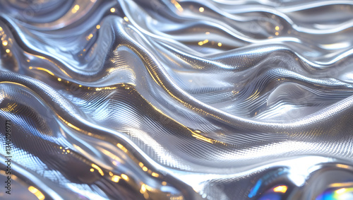  Modern design. abstract 3d wave background, Silver holographic foil. Abstract chrome waves background. Hologram texture. Premium quality.