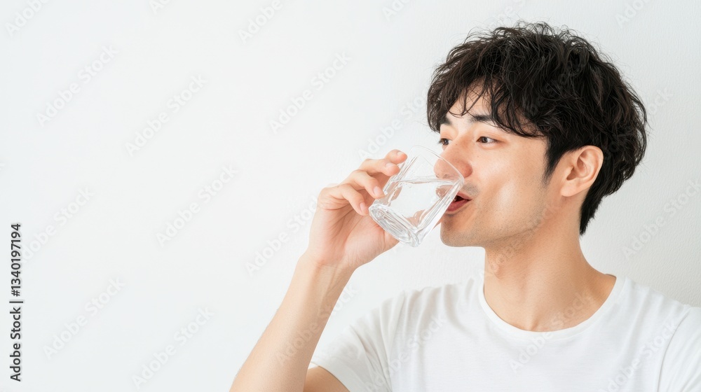 Young man drinking from a clear glass in a minimalistic setting Young man drinking from a clear glass in a minimalistic setting
