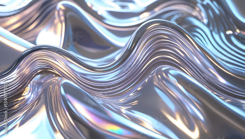  Modern design. abstract 3d wave background, Silver holographic foil. Abstract chrome waves background. Hologram texture. Premium quality.