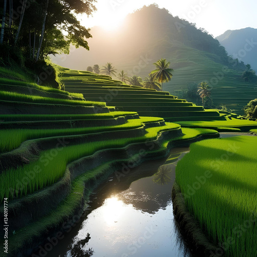 Rice terraces in Asia with sunlight reflecting in the water