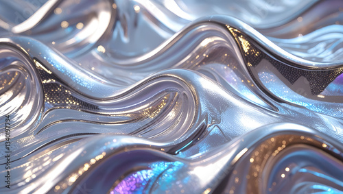  Modern design. abstract 3d wave background, Silver holographic foil. Abstract chrome waves background. Hologram texture. Premium quality.