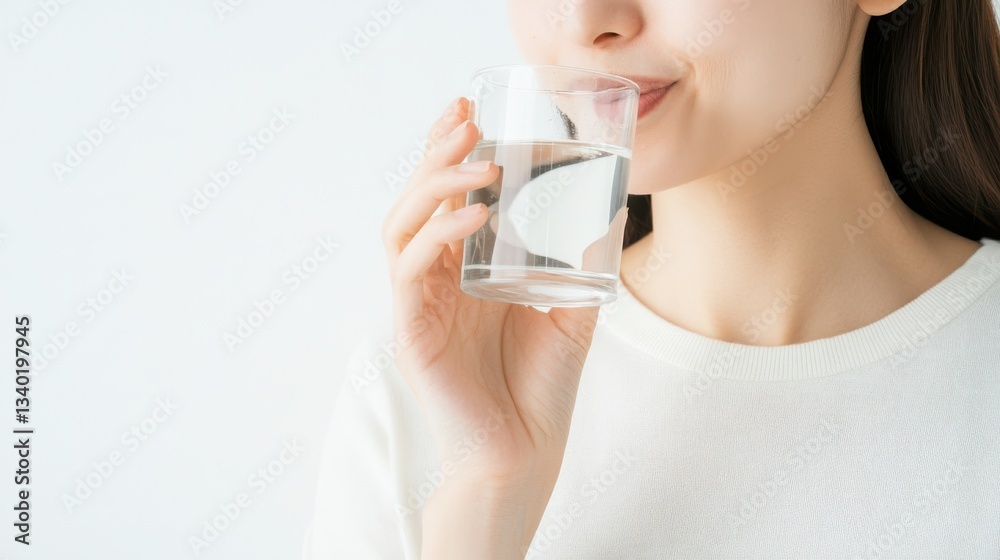 Person drinking water from a clear glass with both hands Person drinking water from a clear glass with both hands