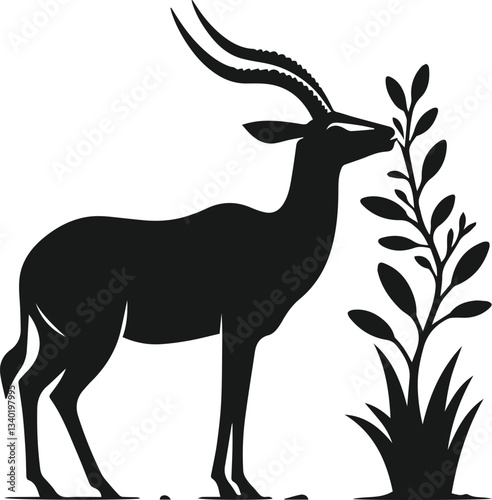 Antelope sniffing at a plant before eating silhouette vector