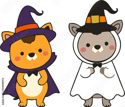 Cute Halloween Animals in Costume - Cartoon Style