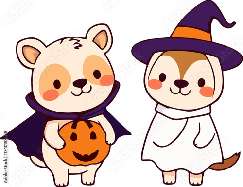 Cute Halloween Animals in Costume - Cartoon Style