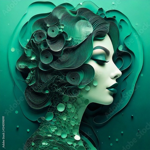 a double exposure portrait of 3d styled elegance with emerald green as the color
