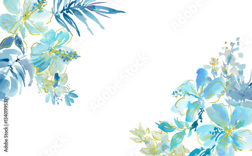 A transparent background with an abstract blue hibiscus flowers, monstera, tropical foliage, and gold line art, painted in watercolor. A vector frame with tropical plants.